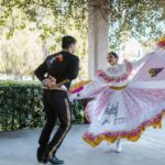 A couple performs traditional Mexican folk dance outdoors in vibrant costumes.